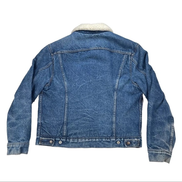 Vintage Levi’s Sherpa Lined Denim Trucker Jacket Orange Tab Size 44 USA Made - Picture 2 of 16